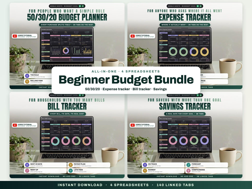 Beginner Budget Bundle: 50/30/20 Budget, Expense Tracker, Bill Tracker and Savings Tracker Spreadsheets — cover