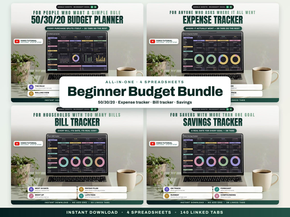 Beginner Budget Bundle: 50/30/20 Budget, Expense Tracker, Bill Tracker and Savings Tracker Spreadsheets — cover