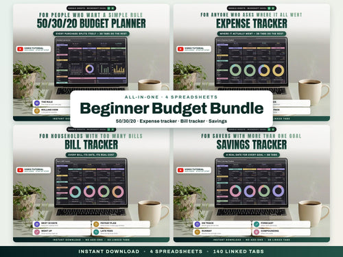 Beginner Budget Bundle: 50/30/20 Budget, Expense Tracker, Bill Tracker and Savings Tracker Spreadsheets — cover