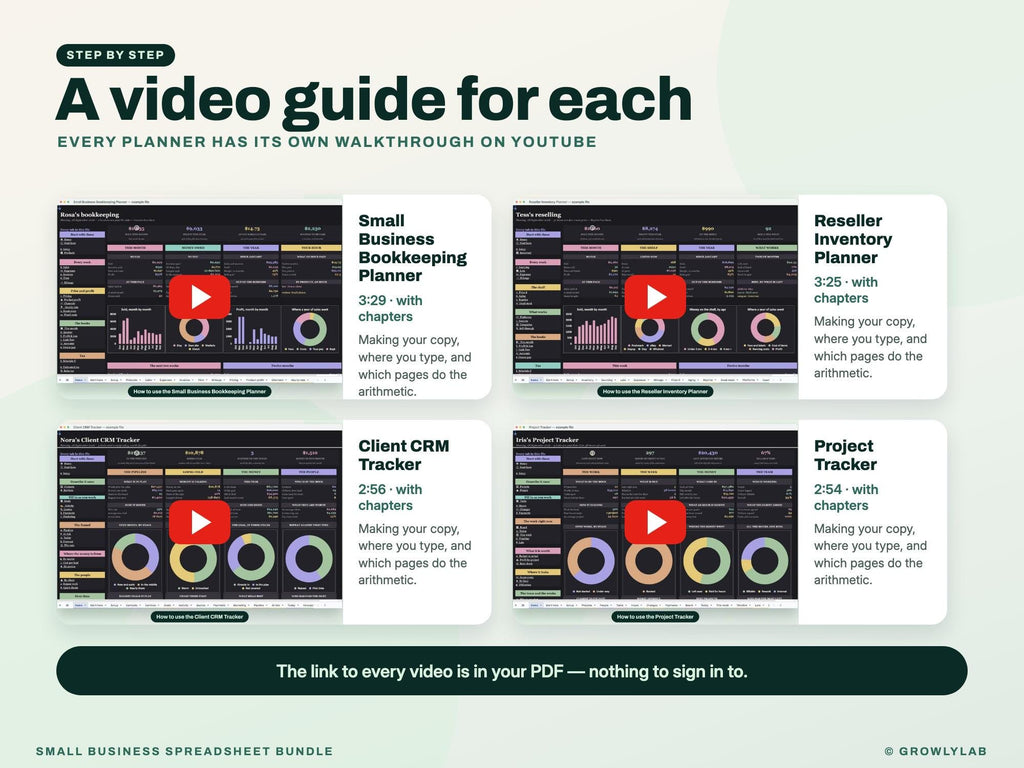 Small Business Spreadsheet Bundle: Bookkeeping, Inventory, Client CRM and Project Tracker — video guides