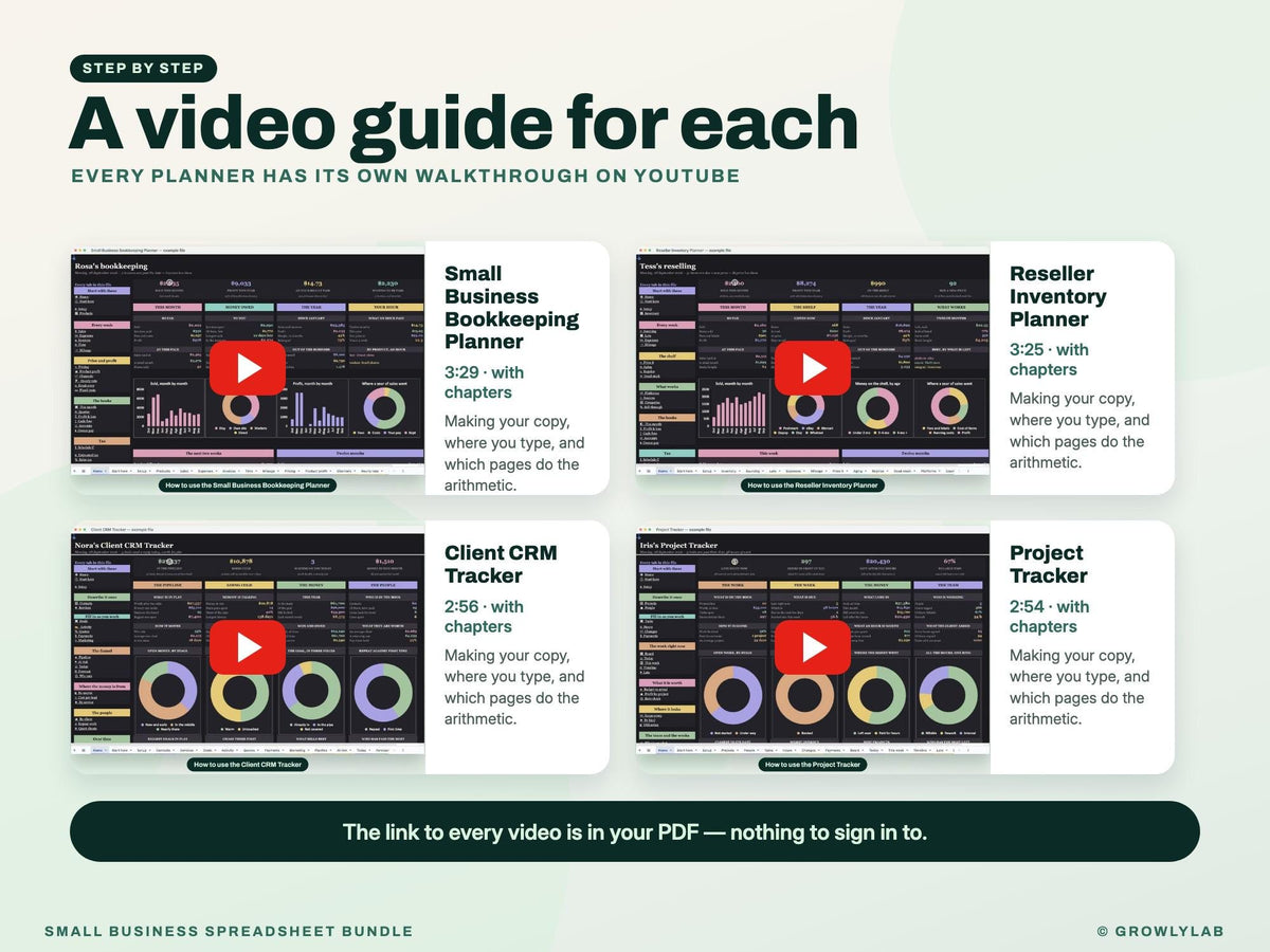 Small Business Spreadsheet Bundle: Bookkeeping, Inventory, Client CRM and Project Tracker — video guides