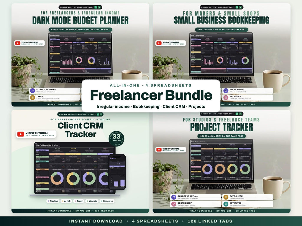Freelancer Bundle: Irregular Income Budget, Bookkeeping, Client CRM and Project Tracker Spreadsheets — cover