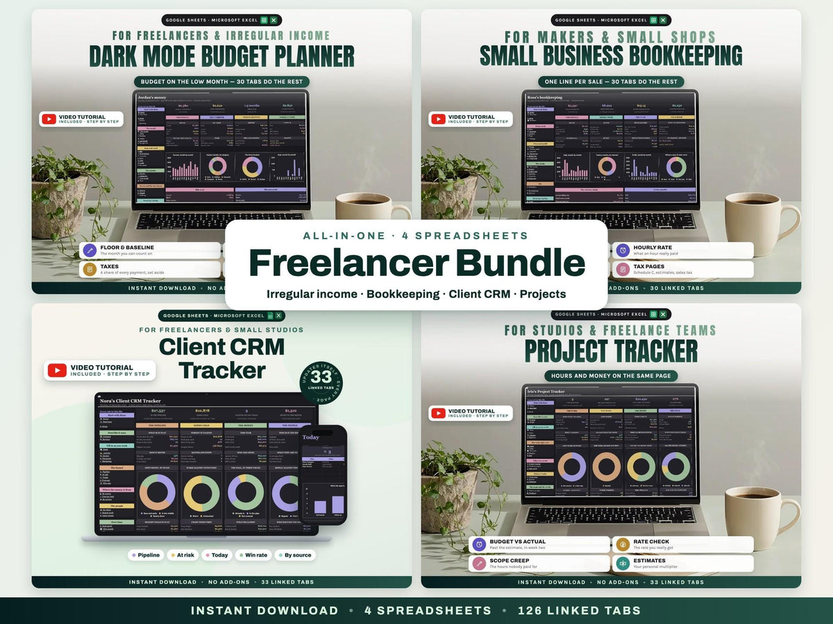 Freelancer Bundle: Irregular Income Budget, Bookkeeping, Client CRM and Project Tracker Spreadsheets — cover