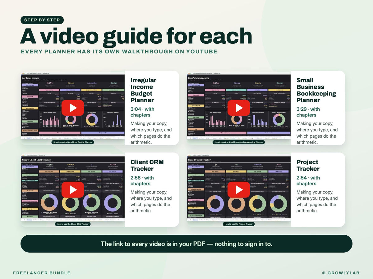Freelancer Bundle: Irregular Income Budget, Bookkeeping, Client CRM and Project Tracker Spreadsheets — video guides