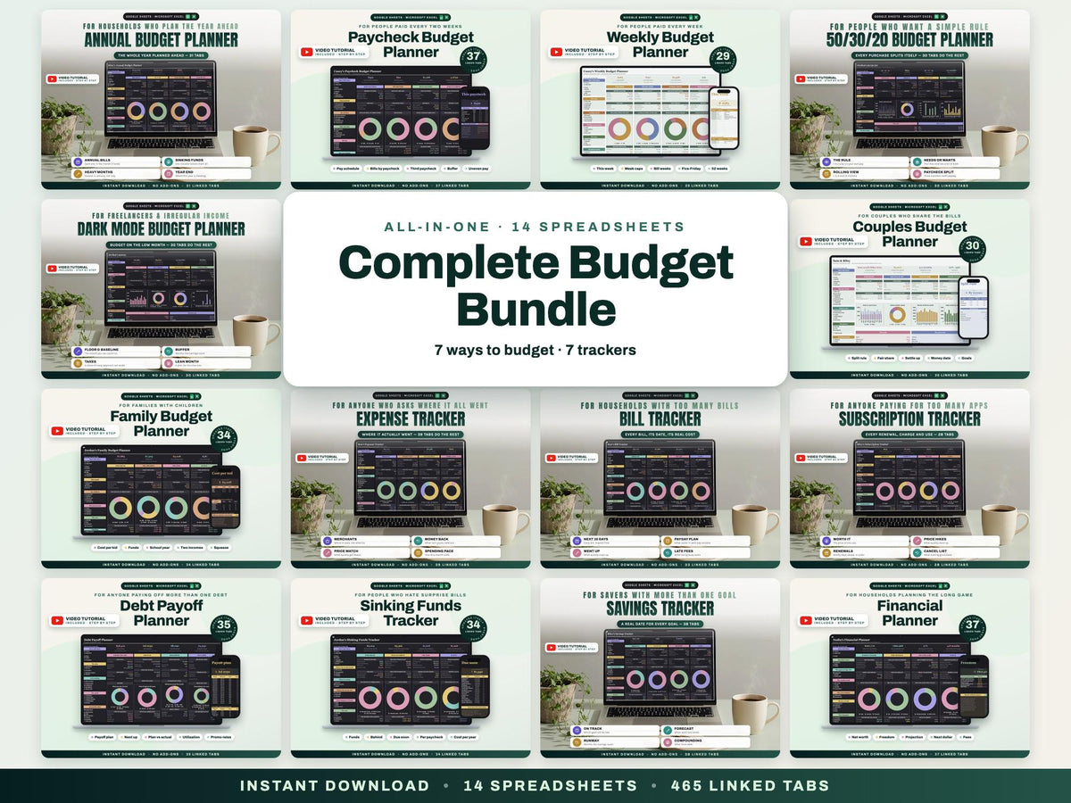 Complete Budget Bundle: 14 Budget Spreadsheets for Budgets, Bills, Debt Payoff, Savings and Net Worth — cover