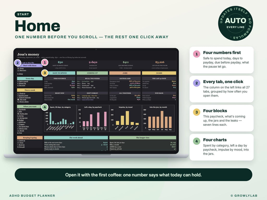 ADHD Budget Planner Spreadsheet for Google Sheets and Excel — Home dashboard