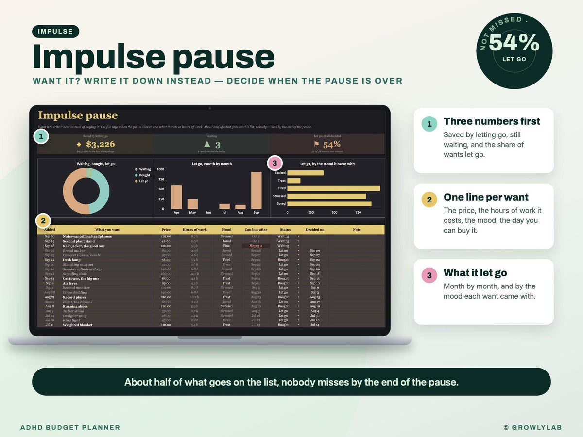 ADHD Budget Planner Spreadsheet for Google Sheets and Excel — impulse pause