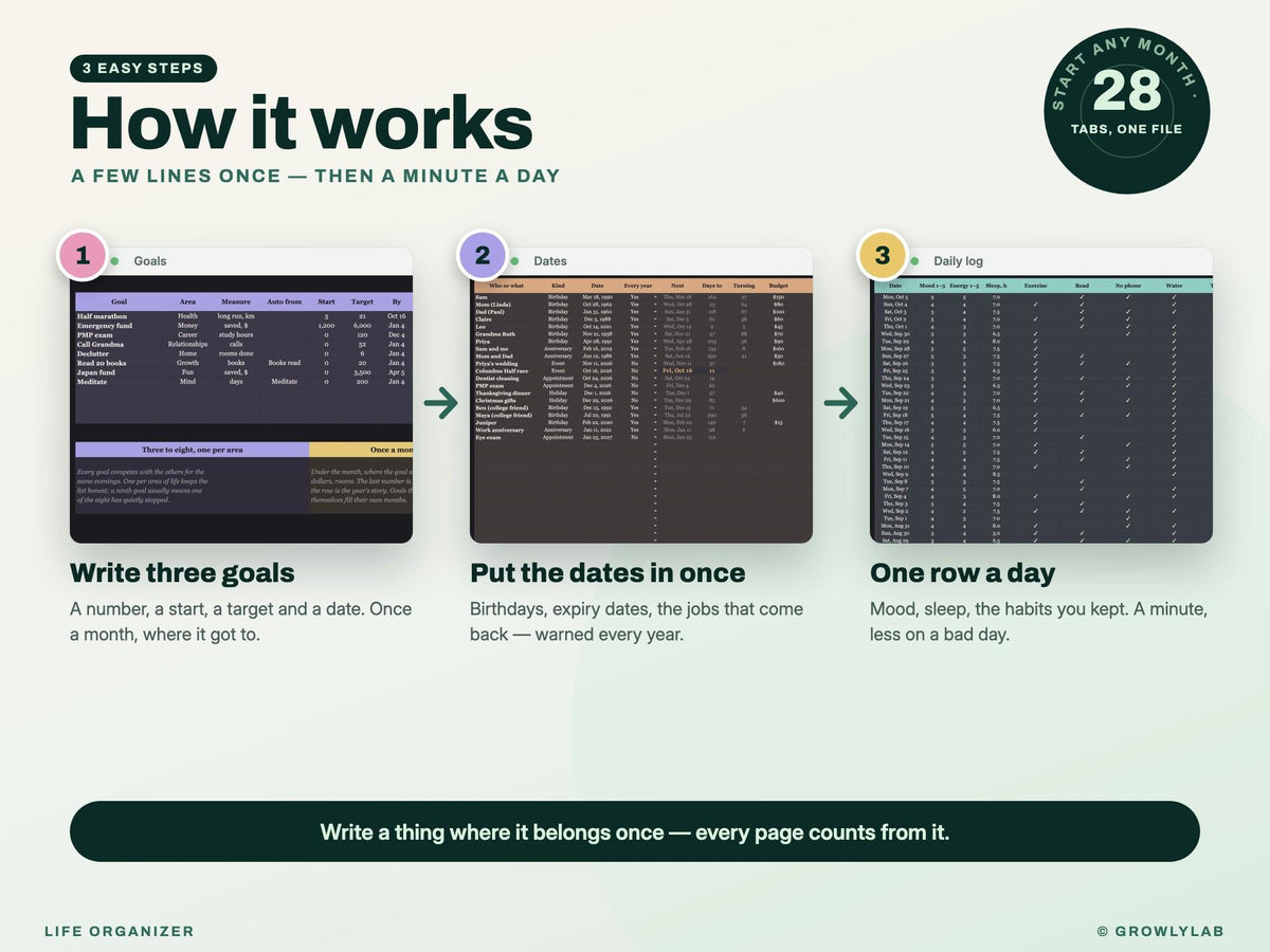 Life Organizer Spreadsheet: 2027 Life Planner with Goals, Habits, Life Admin and Important Documents for Google Sheets and Excel — how it works