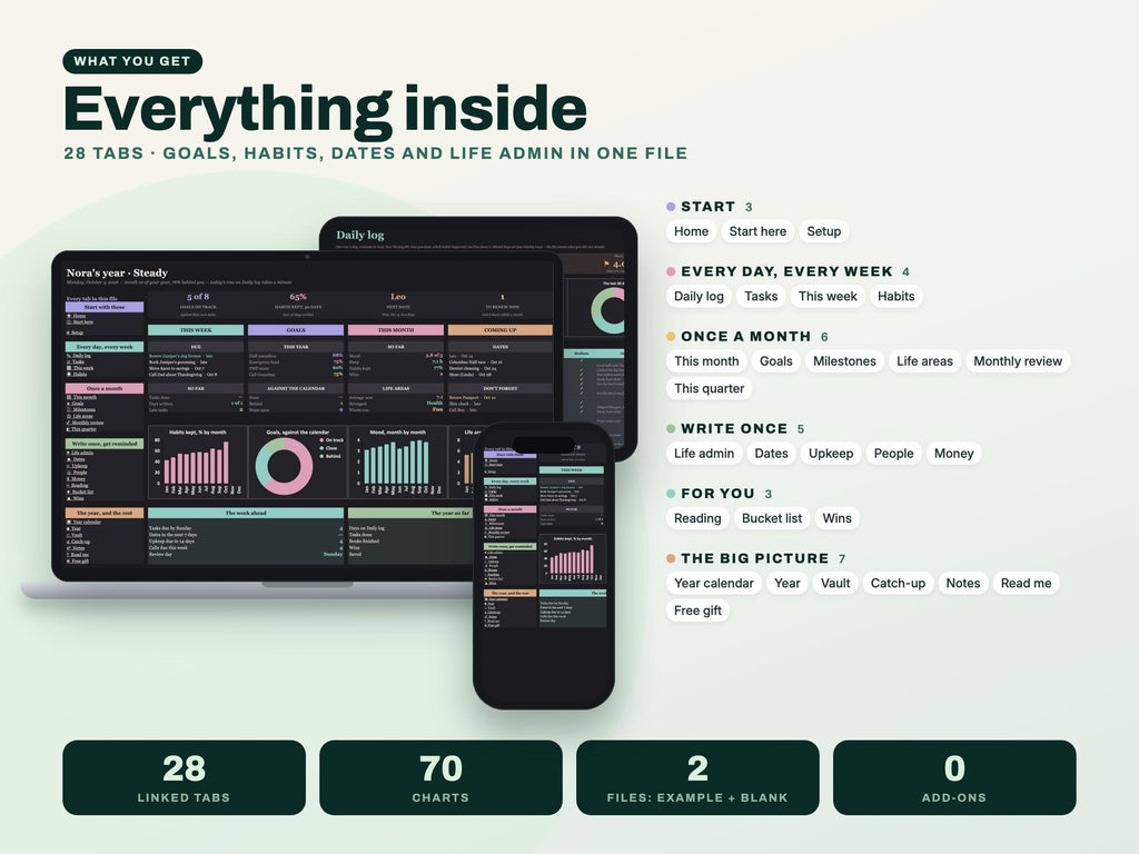 Life Organizer Spreadsheet: 2027 Life Planner with Goals, Habits, Life Admin and Important Documents for Google Sheets and Excel — everything inside