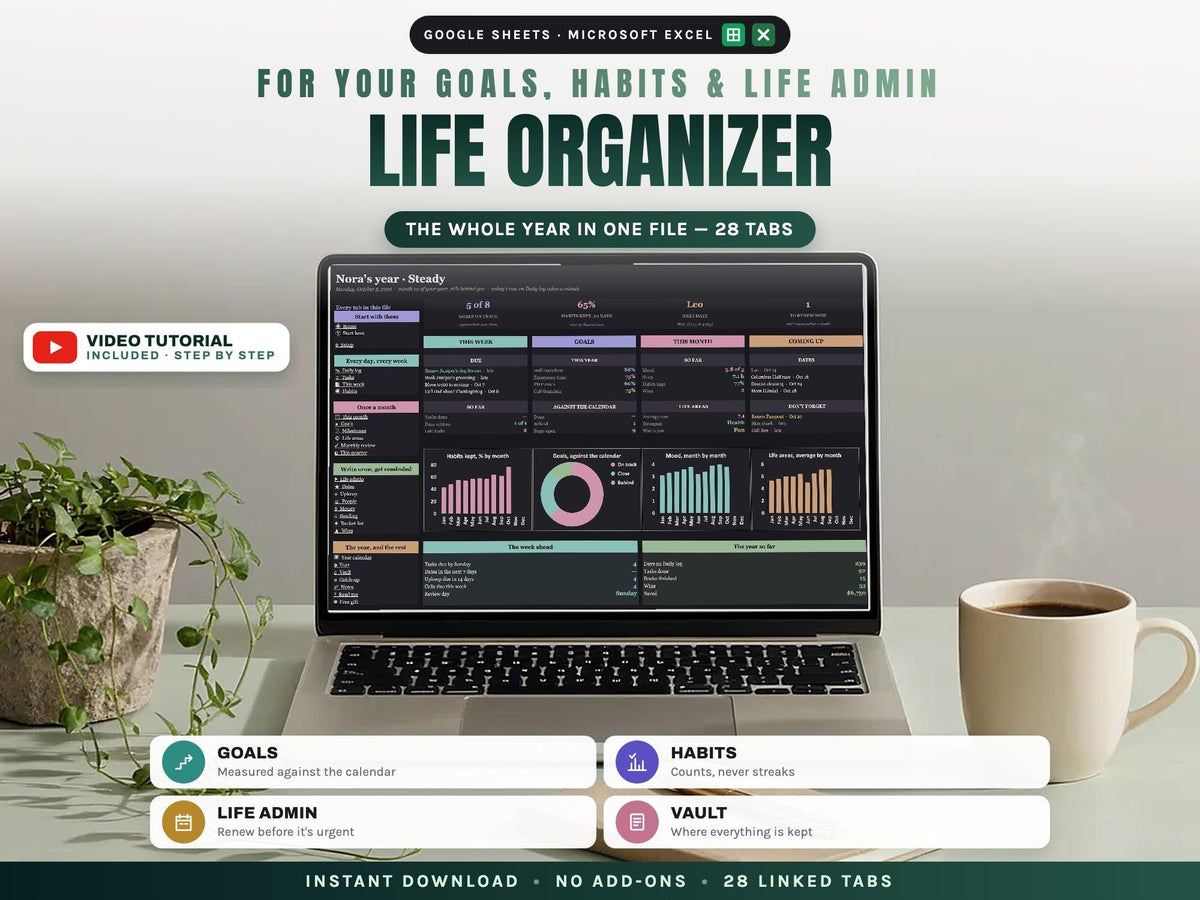 Life Organizer Spreadsheet: 2027 Life Planner with Goals, Habits, Life Admin and Important Documents for Google Sheets and Excel — cover