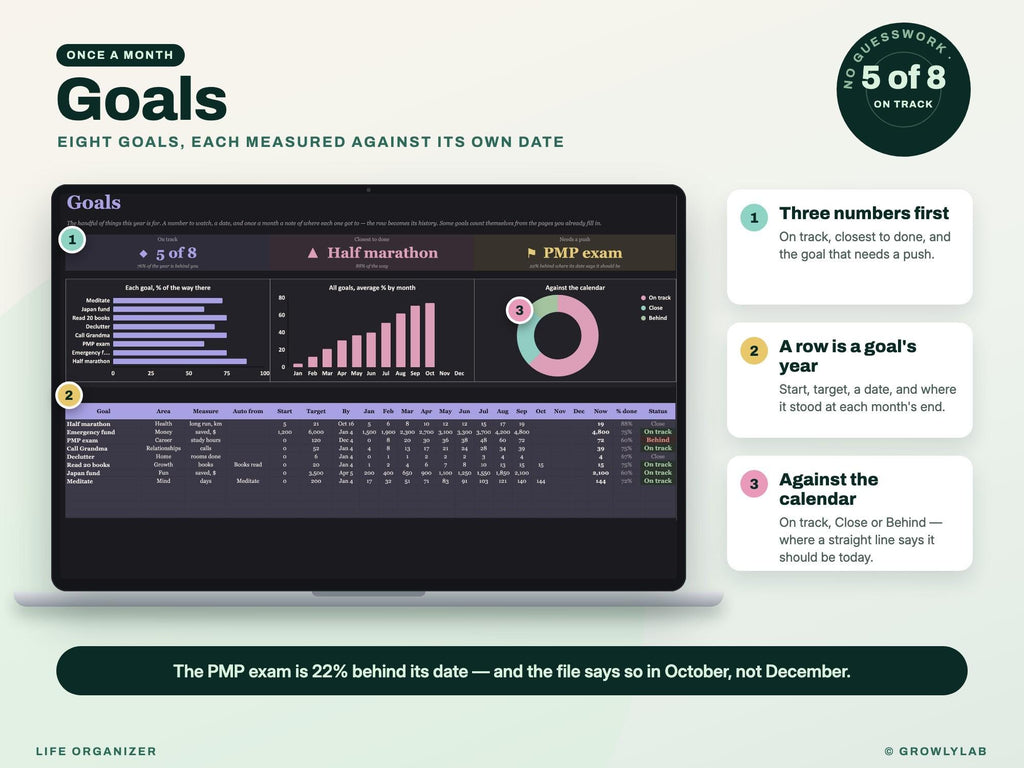 Life Organizer Spreadsheet: 2027 Life Planner with Goals, Habits, Life Admin and Important Documents for Google Sheets and Excel — goals