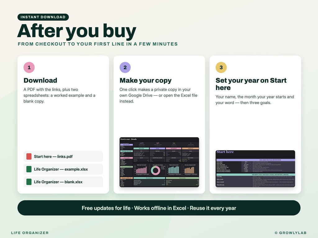 Life Organizer Spreadsheet: 2027 Life Planner with Goals, Habits, Life Admin and Important Documents for Google Sheets and Excel — after you buy