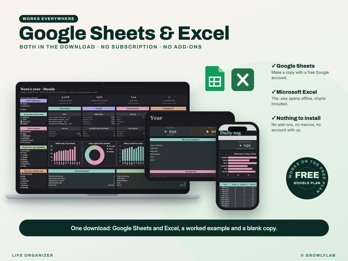Life Organizer Spreadsheet: 2027 Life Planner with Goals, Habits, Life Admin and Important Documents for Google Sheets and Excel — Google Sheets and Excel