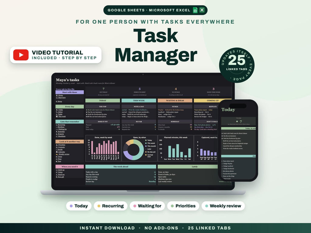 Task Manager Spreadsheet: To Do List with Recurring Tasks, Priorities, Waiting For and Weekly Review for Google Sheets and Excel — cover