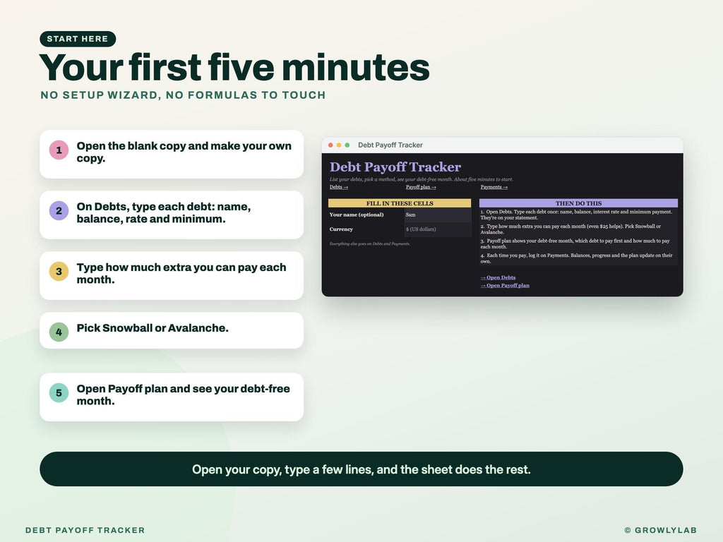 Debt Payoff Tracker for Google Sheets and Excel — start