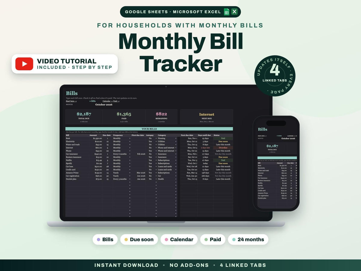 Monthly Bill Tracker for Google Sheets and Excel — cover