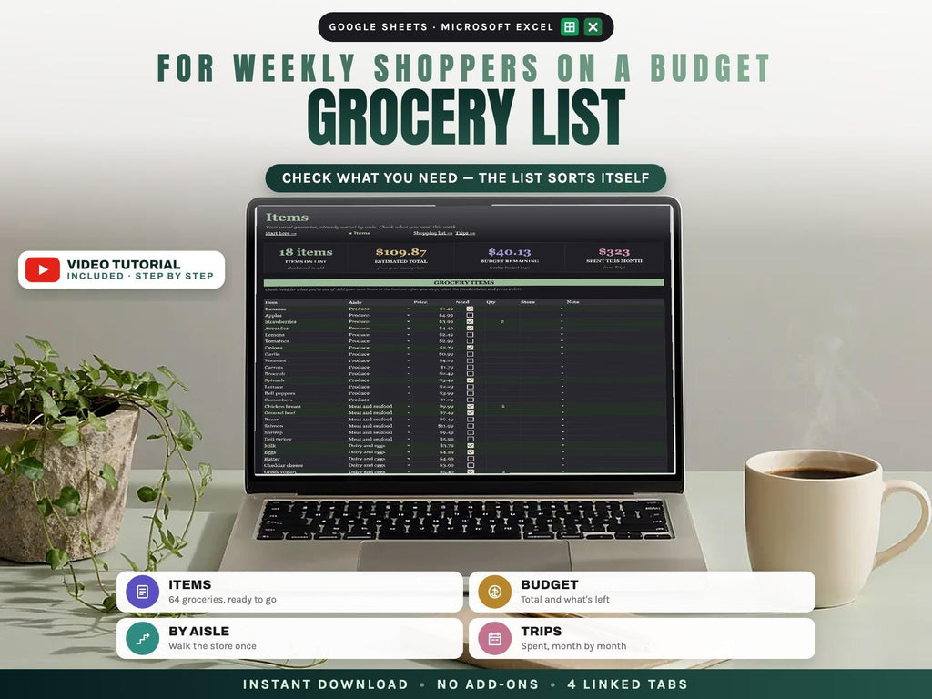 Grocery Budget and Grocery List with Prices for Google Sheets and Excel — cover