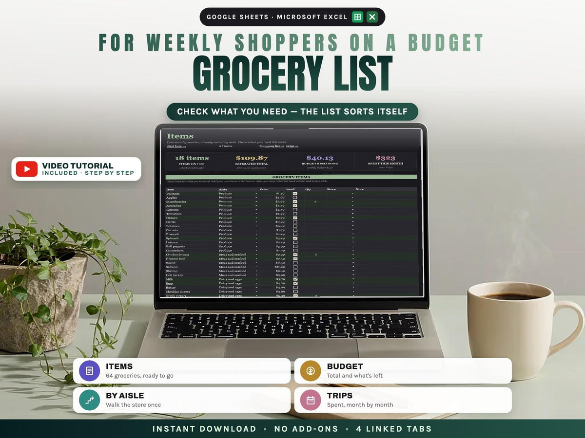 Grocery Budget and Grocery List with Prices for Google Sheets and Excel — cover