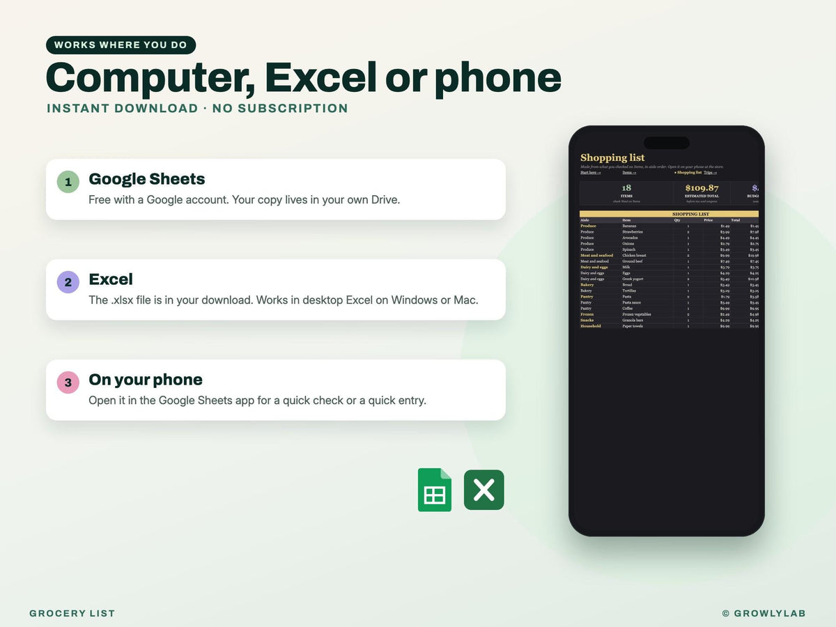 Grocery Budget and Grocery List with Prices for Google Sheets and Excel — Google Sheets and Excel