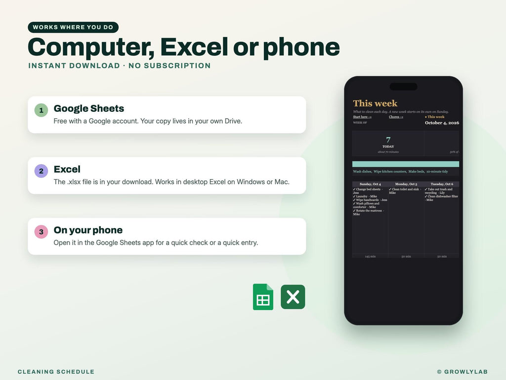 Cleaning Schedule for Google Sheets and Excel — Google Sheets and Excel