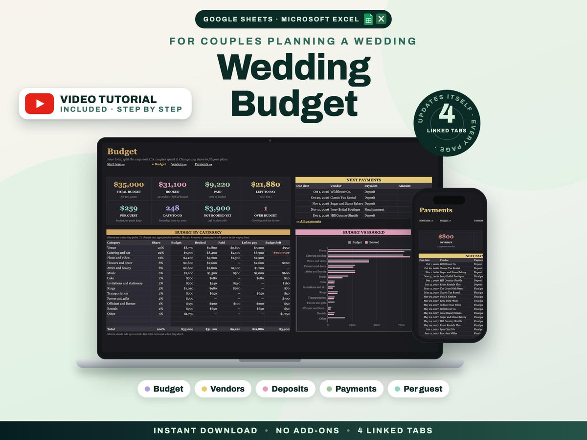 Wedding Budget Spreadsheet for Google Sheets and Excel — cover