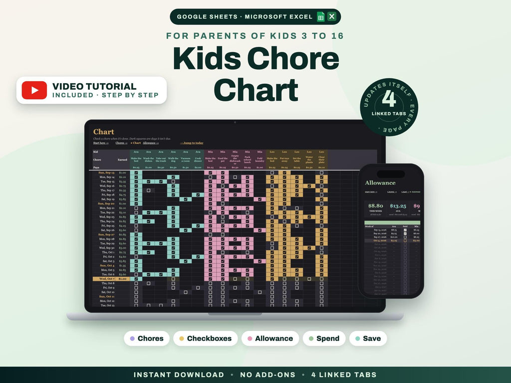 Kids Chore Chart with Allowance Tracker for Google Sheets and Excel — cover
