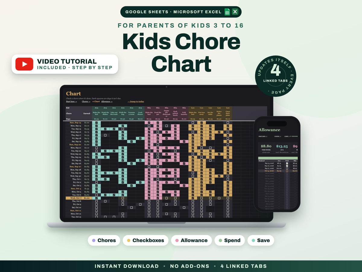Kids Chore Chart with Allowance Tracker for Google Sheets and Excel — cover