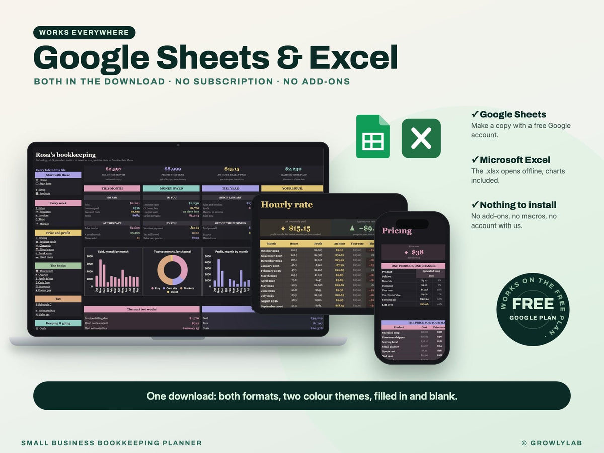 Small Business Bookkeeping Planner Spreadsheet for Google Sheets and Excel — Google Sheets and Excel