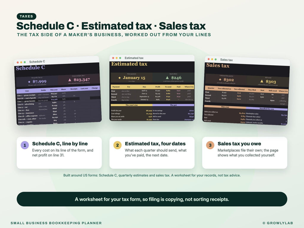 Small Business Bookkeeping Planner Spreadsheet for Google Sheets and Excel — taxes