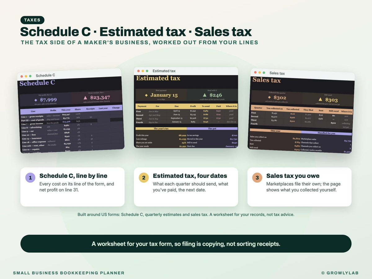 Small Business Bookkeeping Planner Spreadsheet for Google Sheets and Excel — taxes