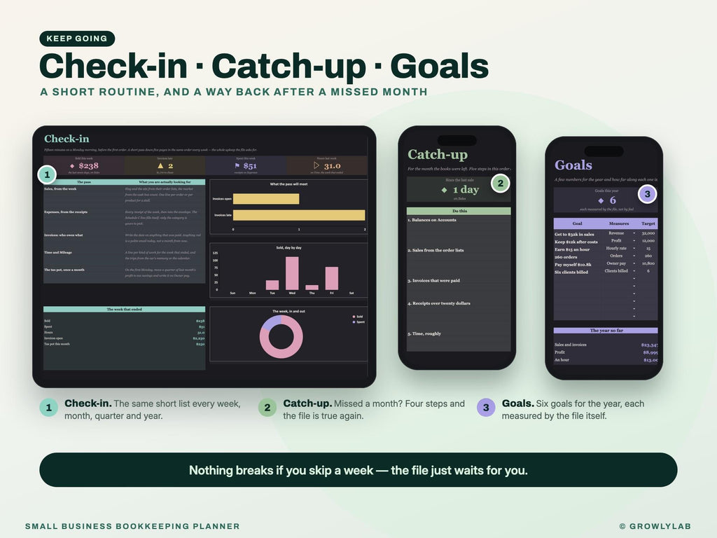 Small Business Bookkeeping Planner Spreadsheet for Google Sheets and Excel — check-in and catch-up
