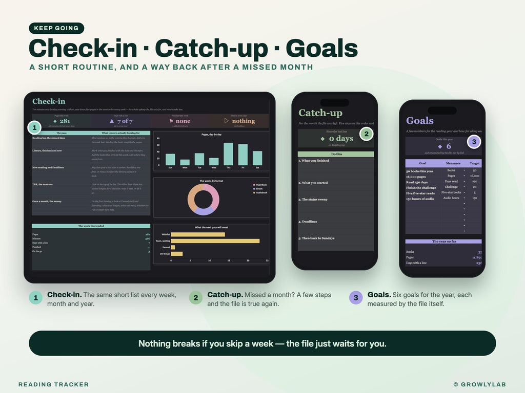 Reading Tracker Spreadsheet for Google Sheets and Excel — check-in and catch-up