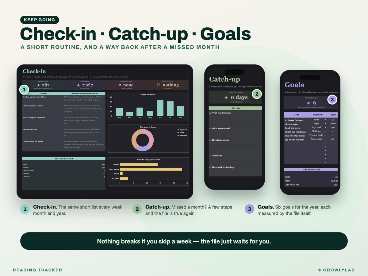 Reading Tracker Spreadsheet for Google Sheets and Excel — check-in and catch-up