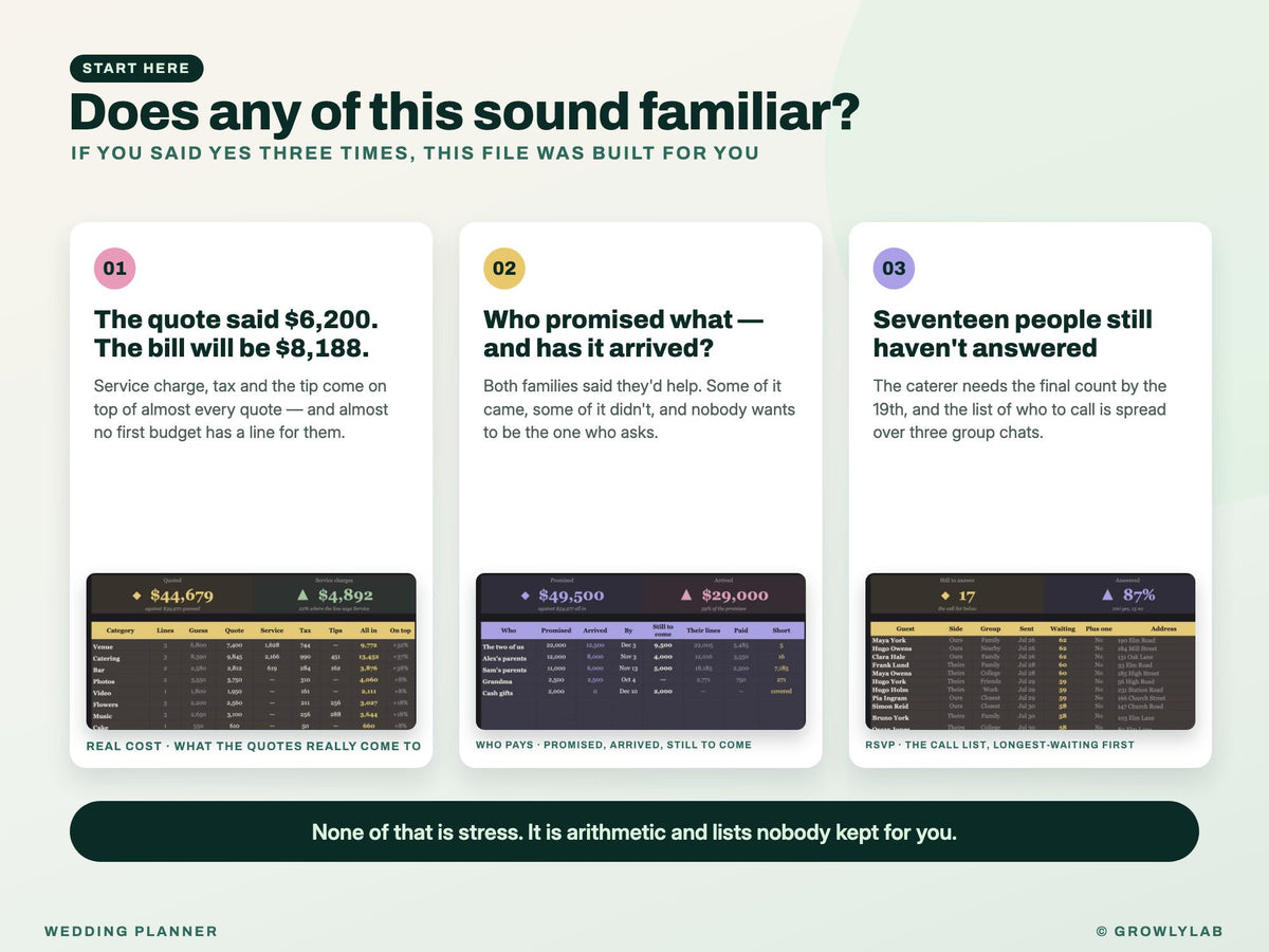 Wedding Planner Spreadsheet for Google Sheets and Excel — the problems it solves