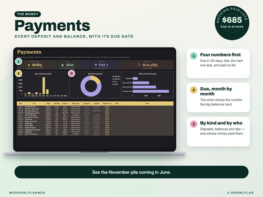 Wedding Planner Spreadsheet for Google Sheets and Excel — payments