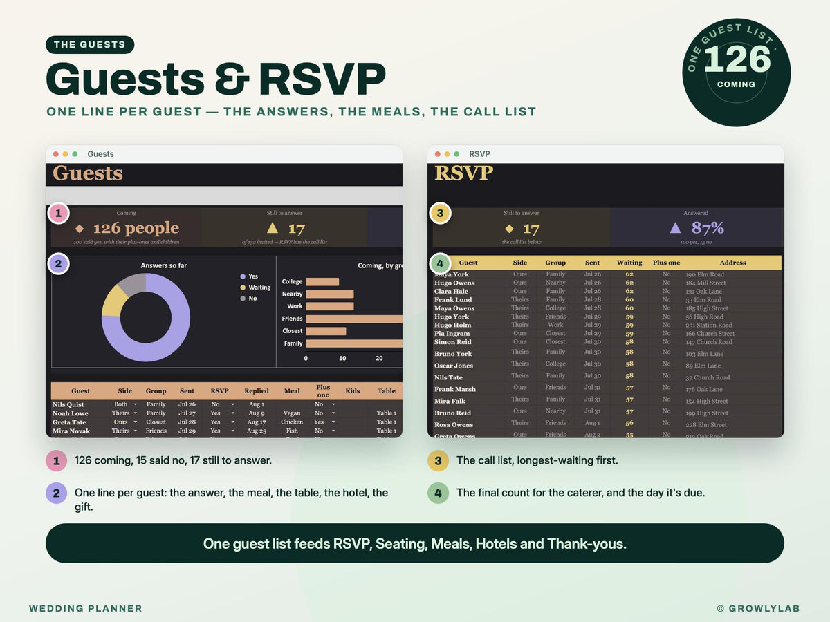 Wedding Planner Spreadsheet for Google Sheets and Excel — guests rsvp