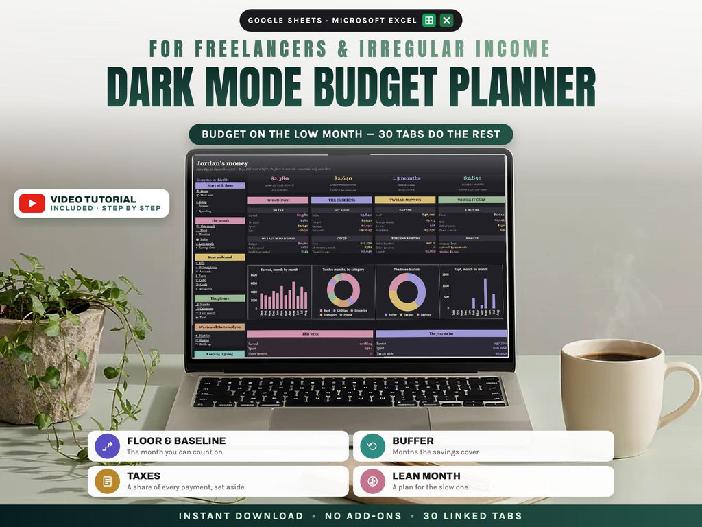 Dark Mode Budget Planner Spreadsheet for Google Sheets and Excel — cover