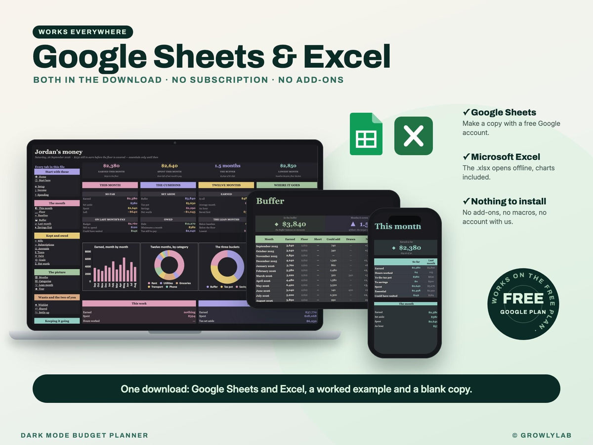 Dark Mode Budget Planner Spreadsheet for Google Sheets and Excel — Google Sheets and Excel