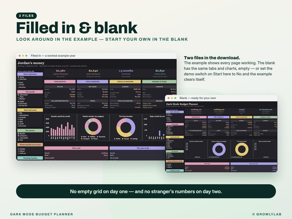 Dark Mode Budget Planner Spreadsheet for Google Sheets and Excel — filled in and blank