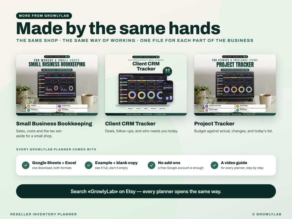 Reseller Inventory Planner Spreadsheet for Google Sheets and Excel — more from GrowlyLab