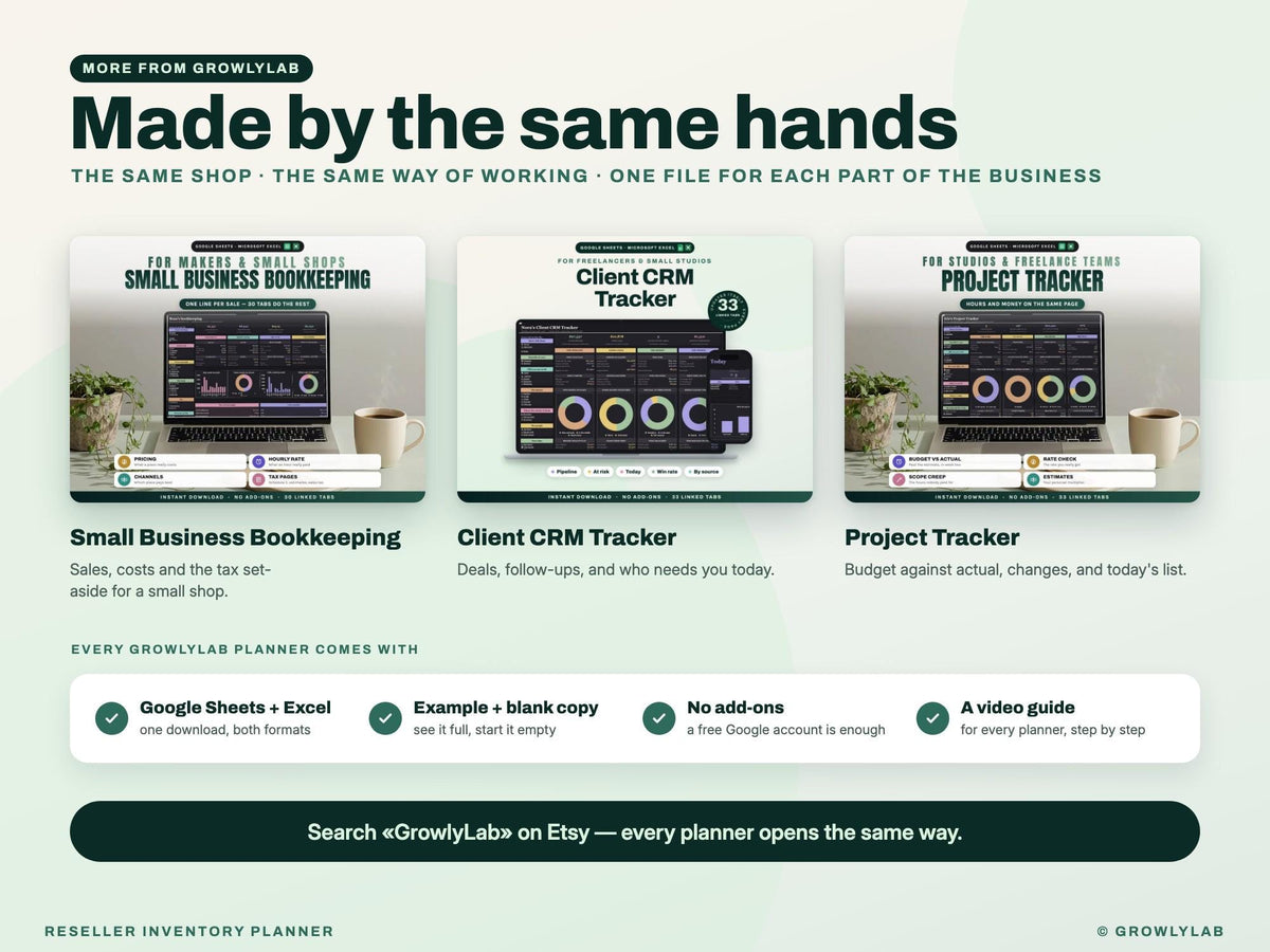 Reseller Inventory Planner Spreadsheet for Google Sheets and Excel — more from GrowlyLab