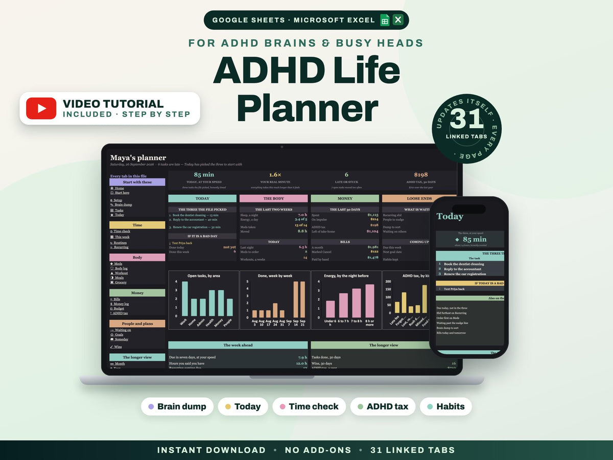 ADHD Life Planner Spreadsheet for Google Sheets and Excel — cover