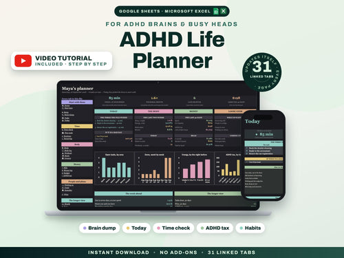 ADHD Life Planner Spreadsheet for Google Sheets and Excel — cover