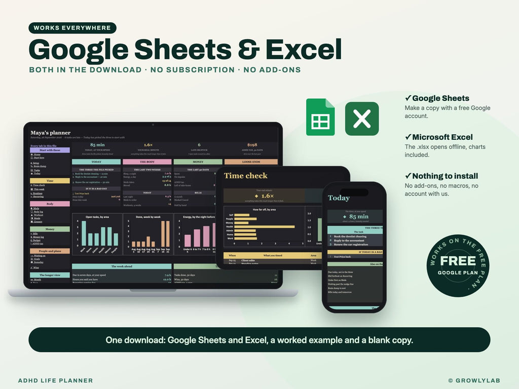 ADHD Life Planner Spreadsheet for Google Sheets and Excel — Google Sheets and Excel