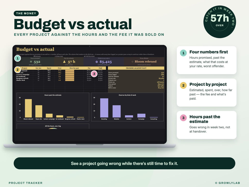 Project Tracker Spreadsheet for Google Sheets and Excel — budget actual