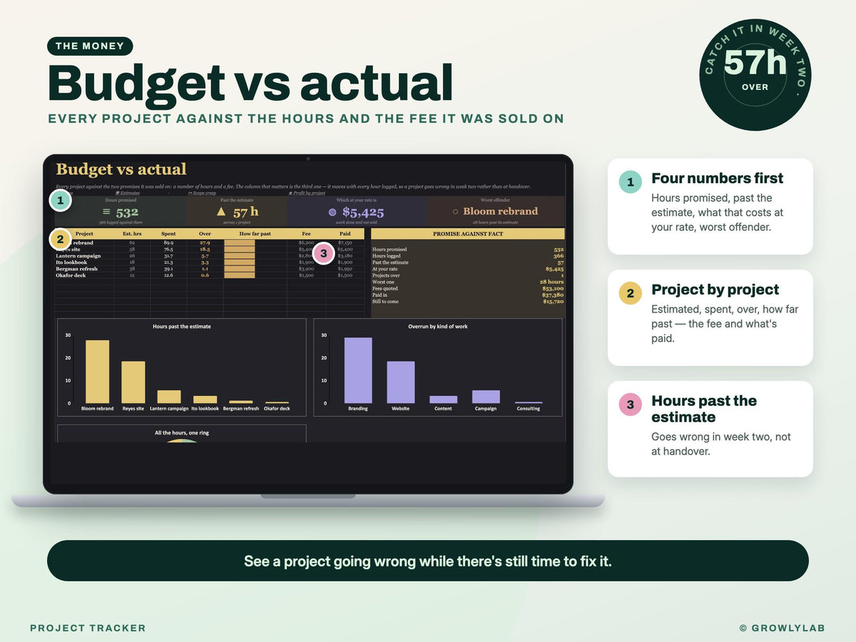Project Tracker Spreadsheet for Google Sheets and Excel — budget actual