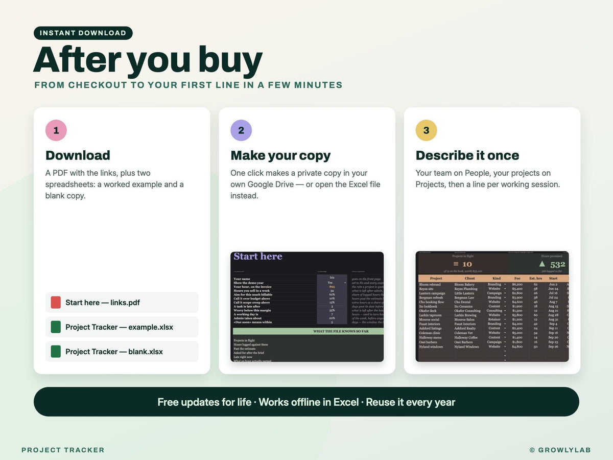 Project Tracker Spreadsheet for Google Sheets and Excel — after you buy