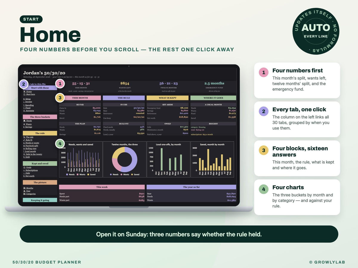 50/30/20 Budget Planner Spreadsheet for Google Sheets and Excel — Home dashboard