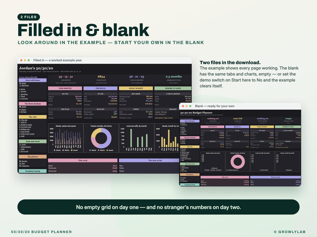 50/30/20 Budget Planner Spreadsheet for Google Sheets and Excel — filled in and blank