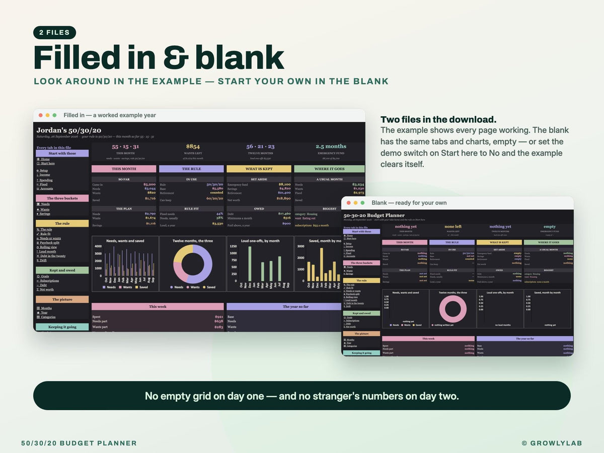 50/30/20 Budget Planner Spreadsheet for Google Sheets and Excel — filled in and blank